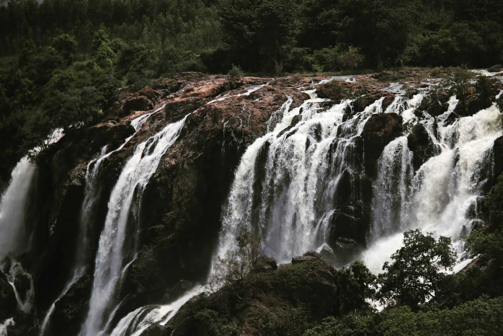 A forest waterfall cascading over rocks, similar in character to Kiambu's Fourteen Falls and Chania Falls